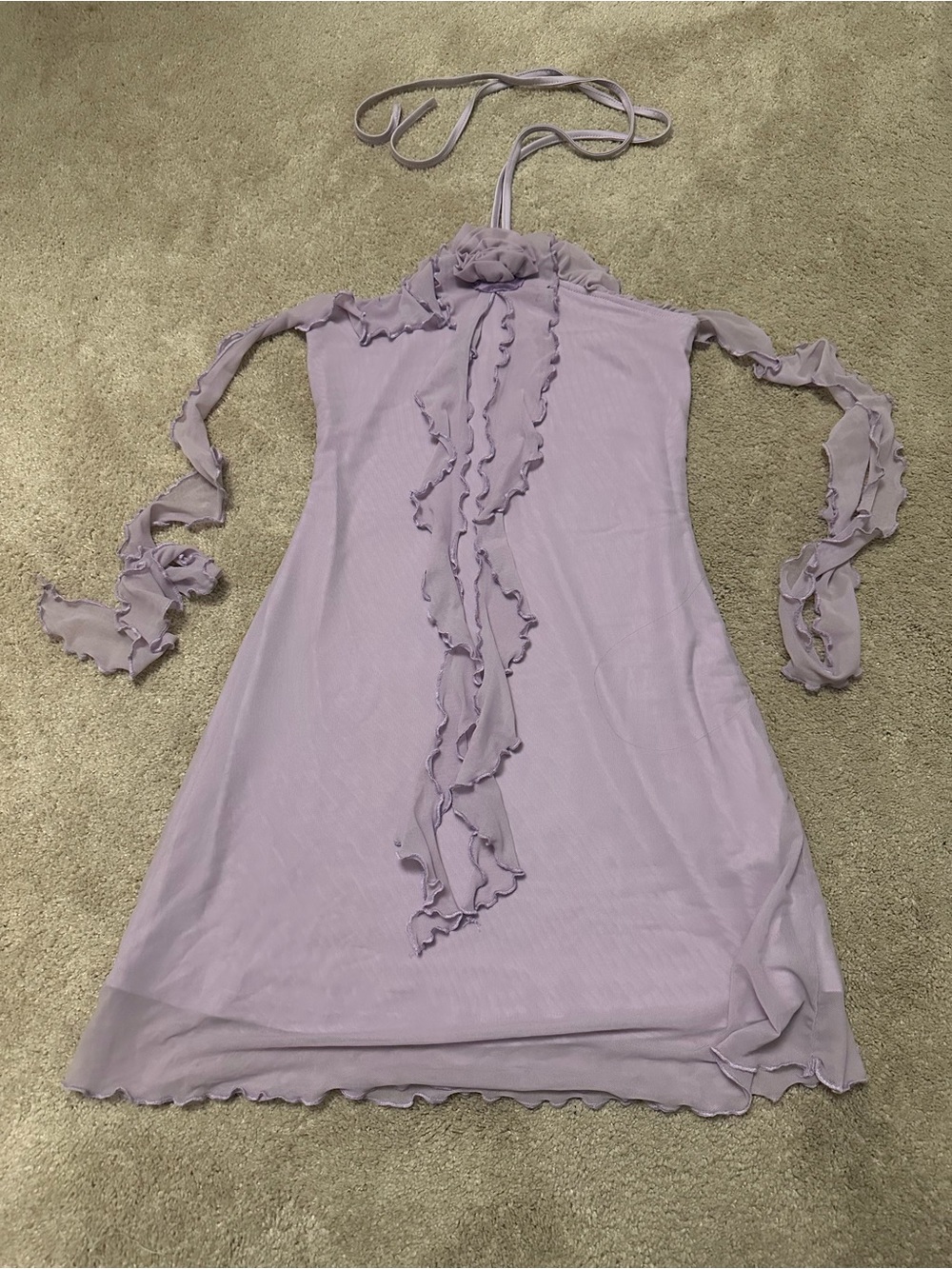 SHEIN Lilac Sleeveless Ruffle Trim Floral Decor Elastic Knit Mesh Women Dress